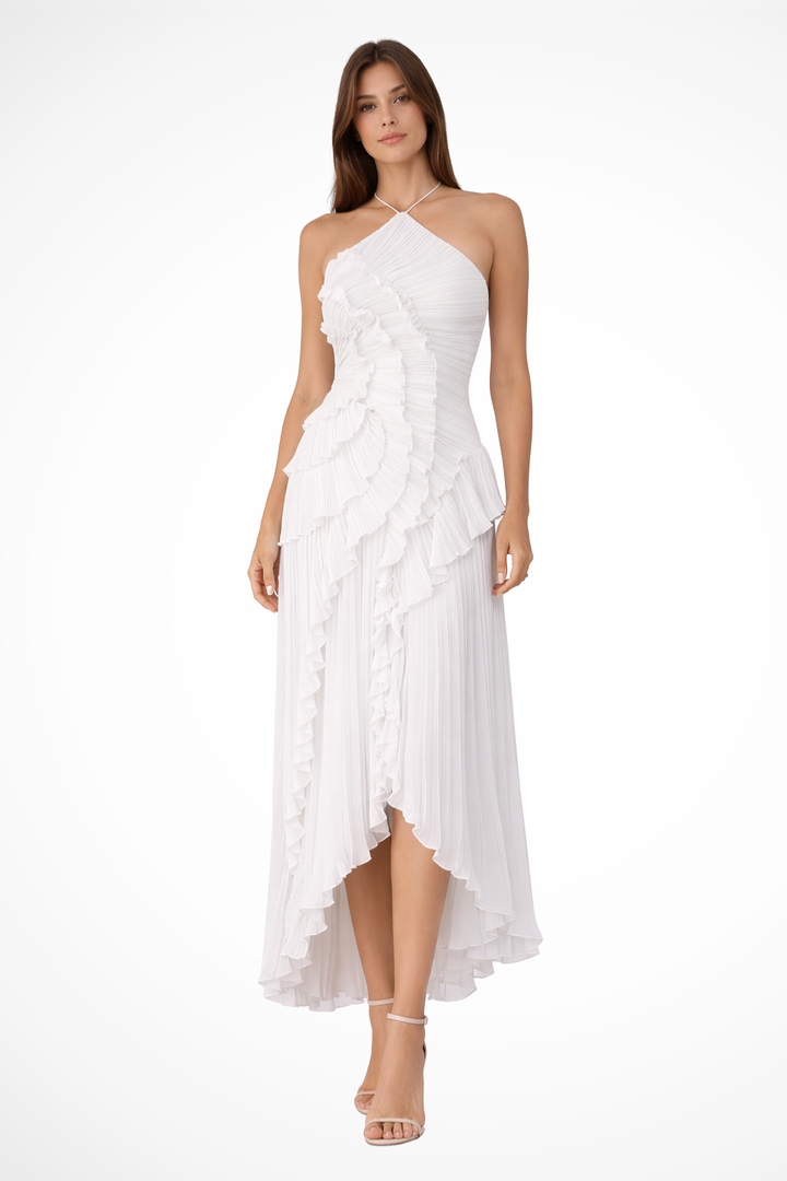 Tatianea | Backless Halter Ruffled Wedding Guest Maxi Dress