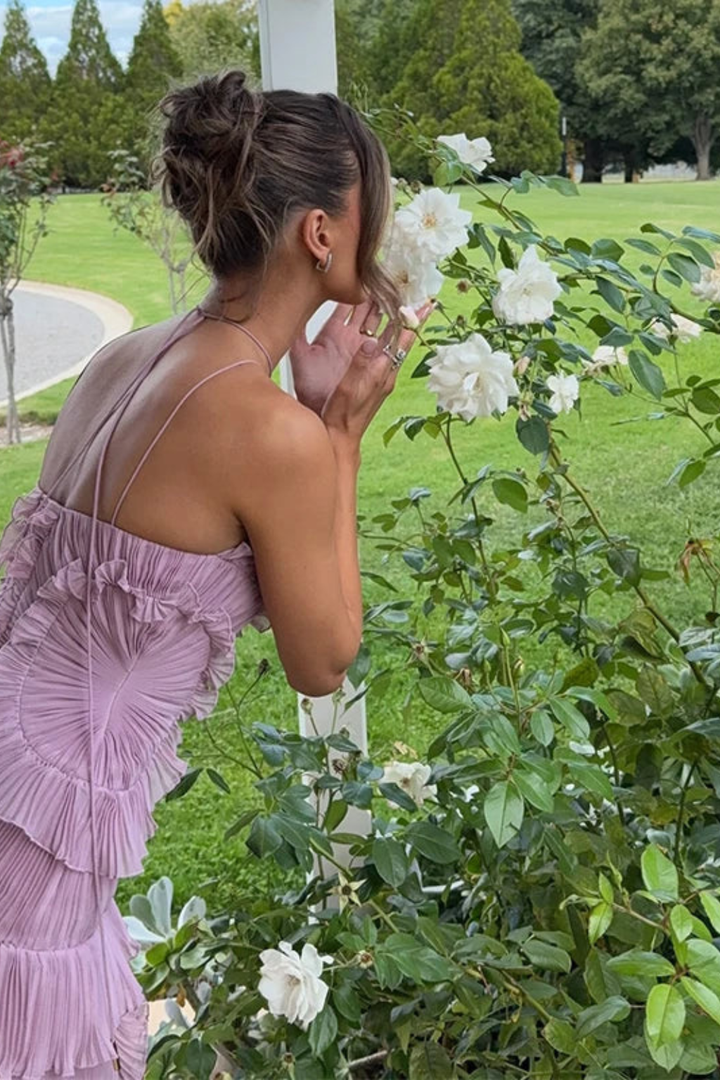 Tatianea | Backless Halter Ruffled Wedding Guest Maxi Dress