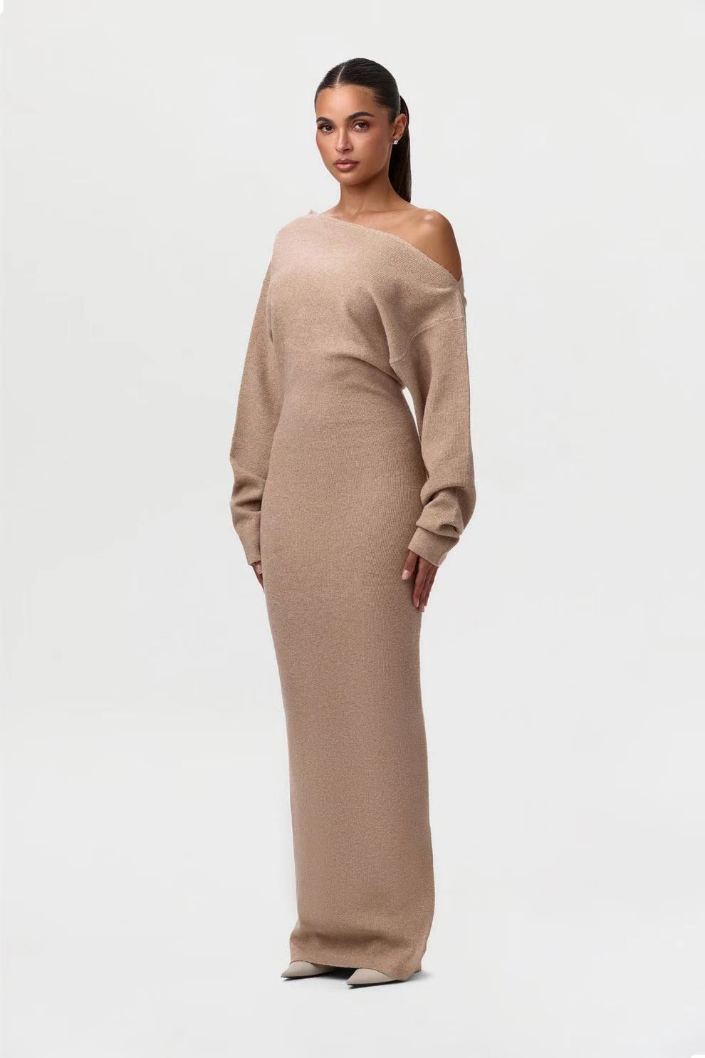 Off‑Shoulder Knitted Bodycon Dress-HighTouch