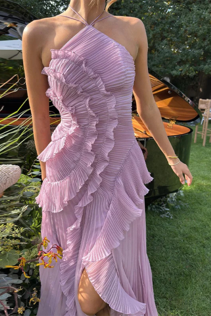 Tatianea | Backless Halter Ruffled Wedding Guest Maxi Dress