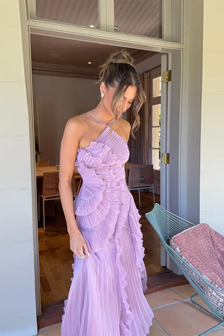Tatianea | Backless Halter Ruffled Wedding Guest Maxi Dress