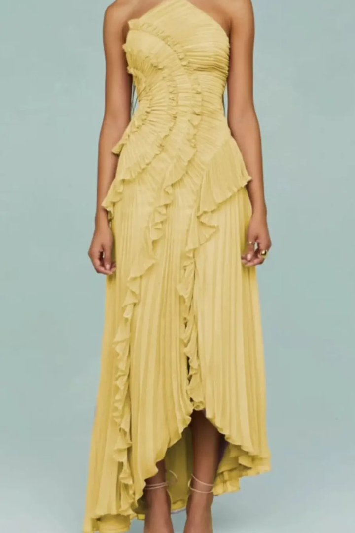 Tatianea | Backless Halter Ruffled Wedding Guest Maxi Dress