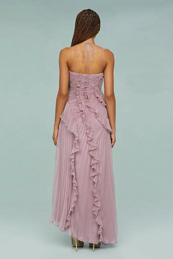 Tatianea | Backless Halter Ruffled Wedding Guest Maxi Dress