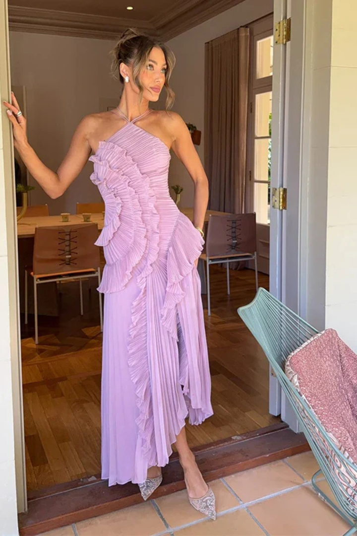Tatianea | Backless Halter Ruffled Wedding Guest Maxi Dress