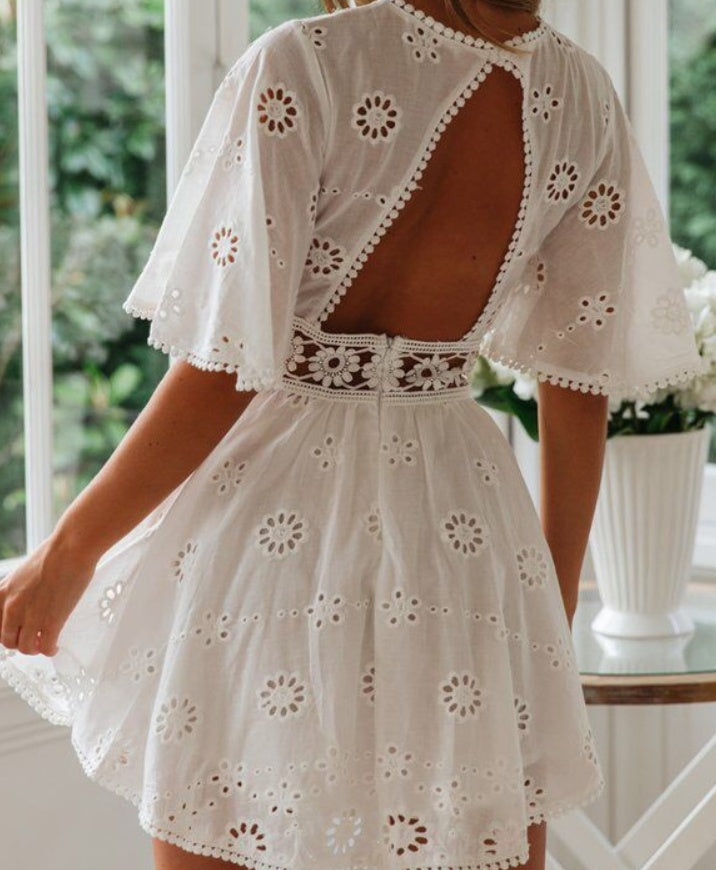 Lace Patchwork Cotton Dress | Hook Flower Hollow Princess Midi Dress-HighTouch
