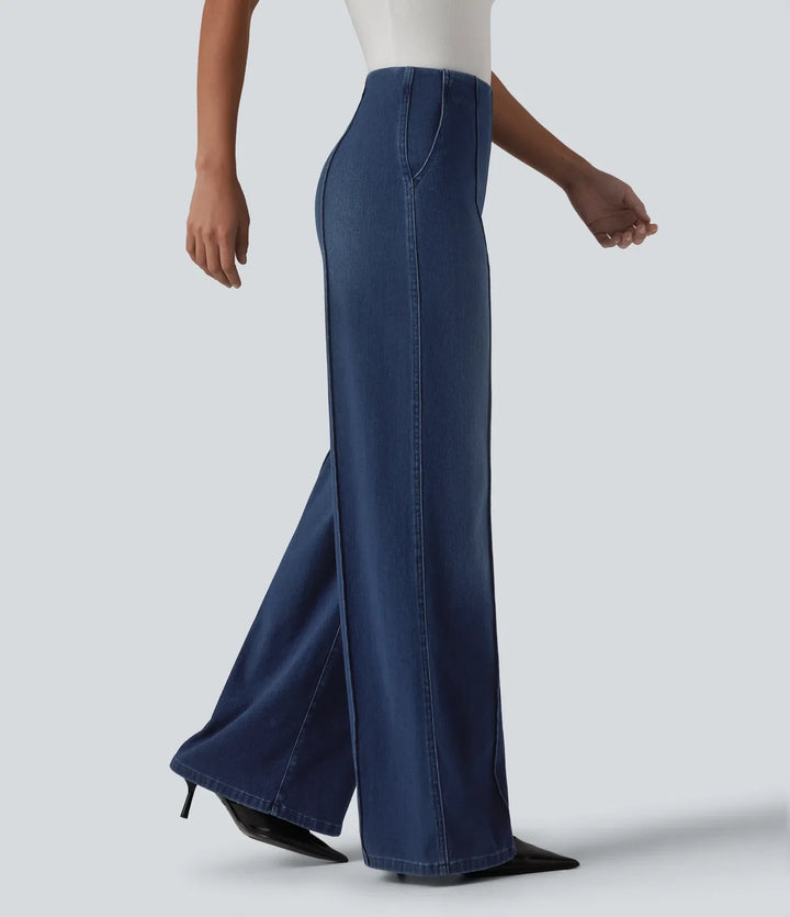 Wide Leg Work Jeans Women High Waisted Dark Denim Pockets
