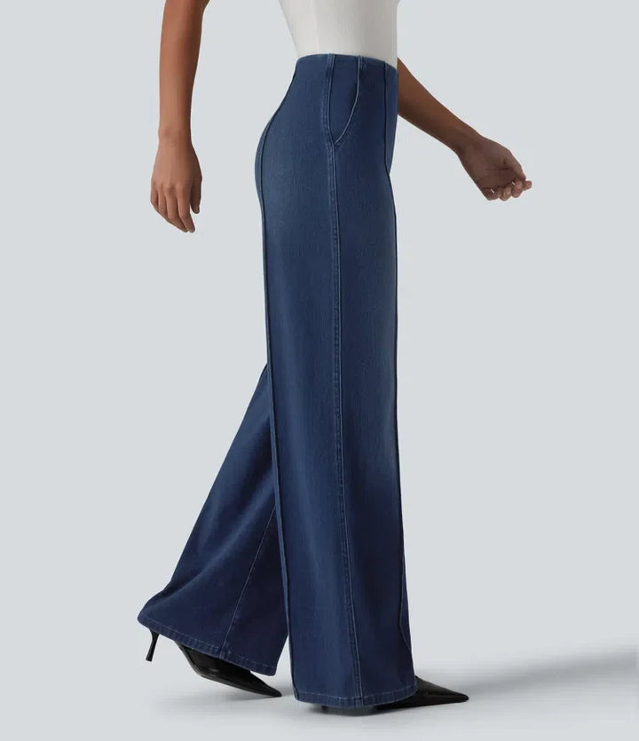Wide Leg Work Jeans Women High Waisted Dark Denim Pockets