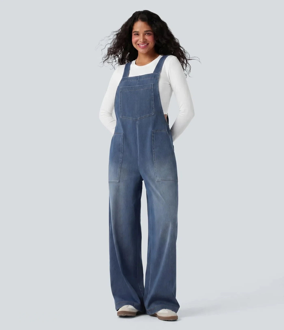 Denim Overalls Women Square Neck Washed Wide Leg Jumpsuit