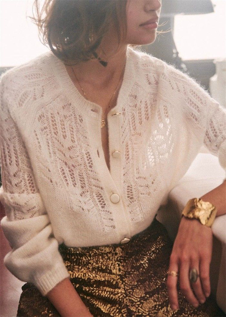 Hollow Crochet Round Neck Button White Sweater-HighTouch
