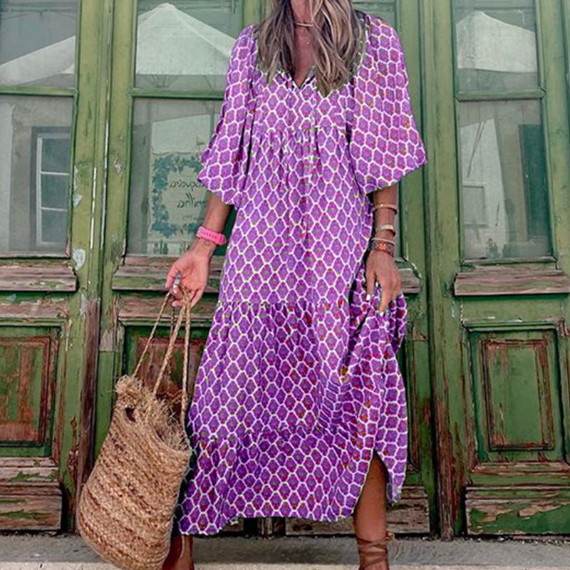 Women's Spring Dress | Patterned Maxi Long Sleeve-HighTouch