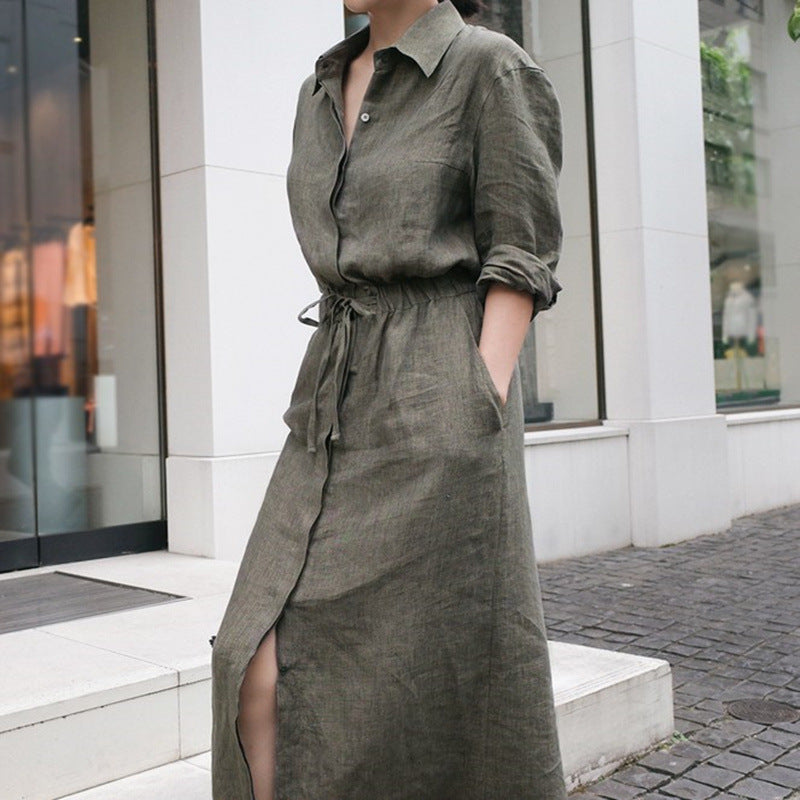 New Style Cotton Shirt Dress Commuting Large Swing Long Skirt-HighTouch