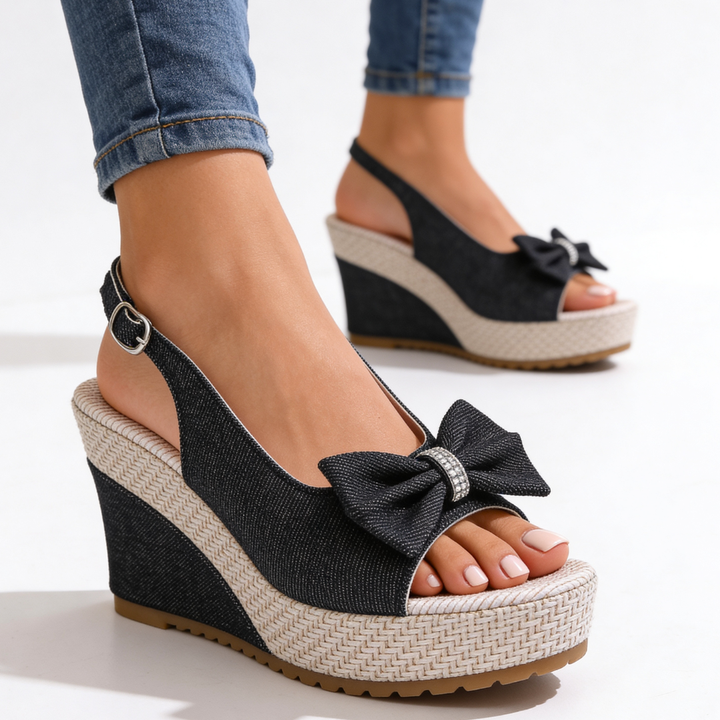 Women's Crystal Bow Wedge Sandals Dress Shoes