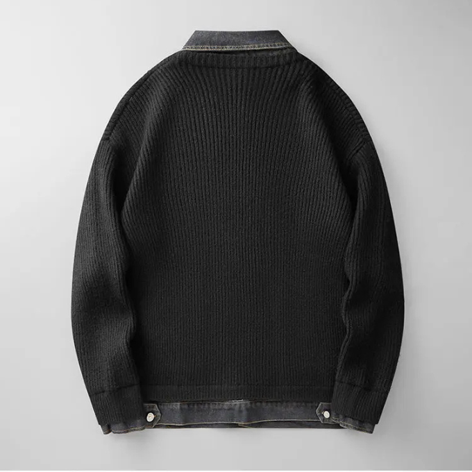 Men's Wool Knit Sweater with Denim Trim – Relaxed Fit