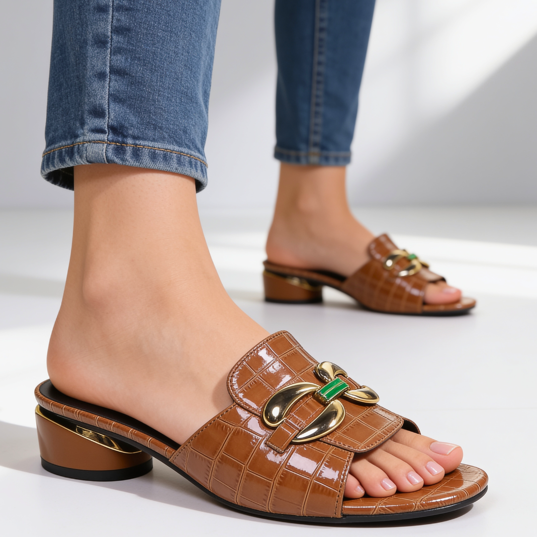 Women's Croc Embossed Patent Mules Low Block Heel