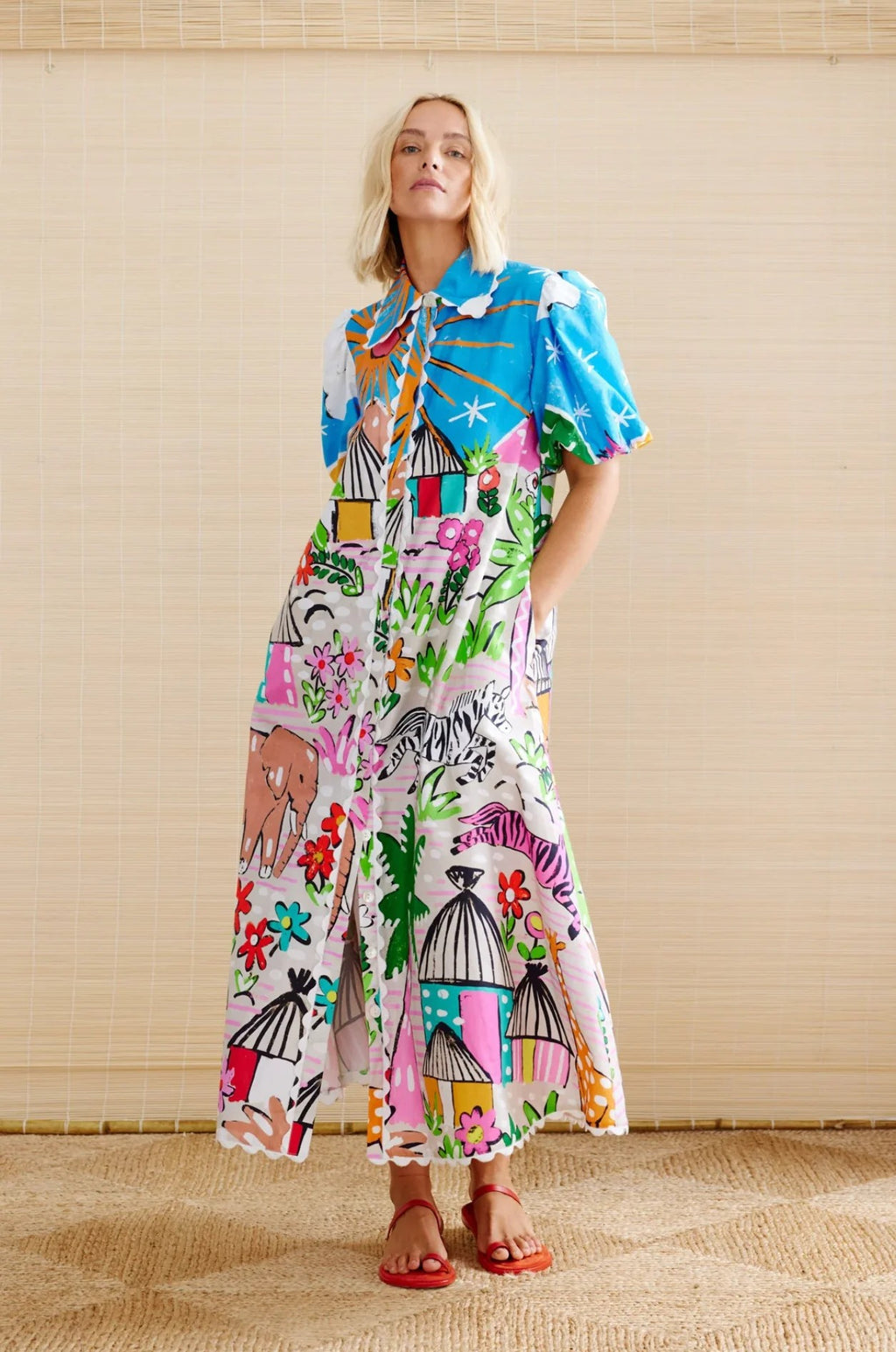 Linen Personality Printed Shirt-Collar Cardigan Dress-HighTouch