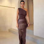 Solid Color Diagonal Collar Backless Sheath Casual Dress-HighTouch