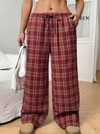 Women's Casual All-match Loose Drawstring Plaid Pocket Trousers-HighTouch