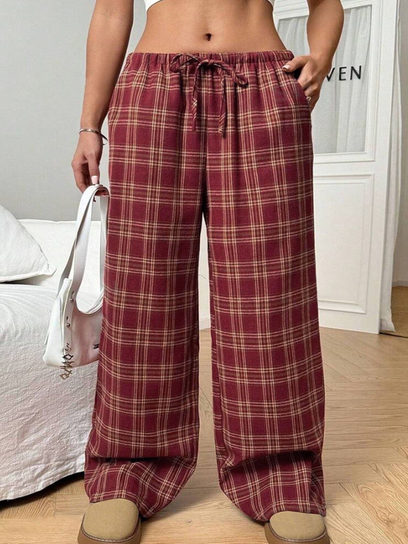Women's Casual All-match Loose Drawstring Plaid Pocket Trousers-HighTouch