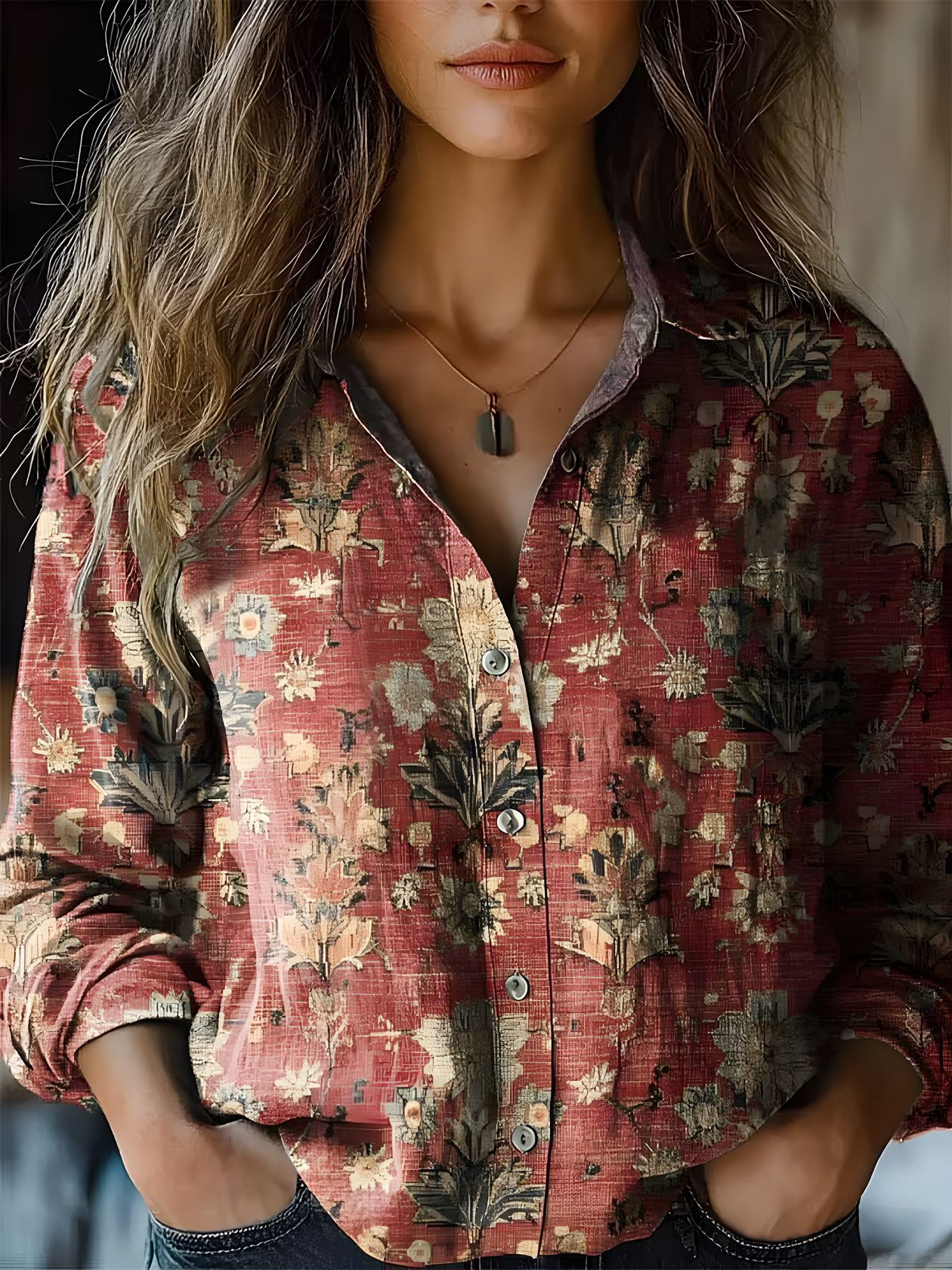 Women’s Blouse | Printed V-Neck Long Sleeve-HighTouch