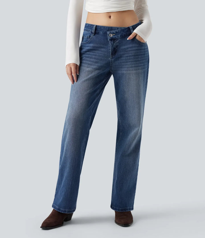 Straight Leg Jeans Women Low Rise Asymmetric Stretch Denim