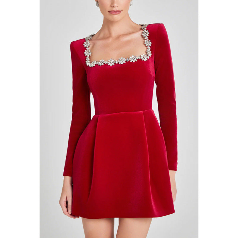 Chic Tweed Mini Dress for Parties – Long Sleeve Square Neck Style-HighTouch