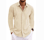 Long Sleeve T-shirt Undershirt Solid Color Long Sleeve Cotton Linen Shirt Men-HighTouch