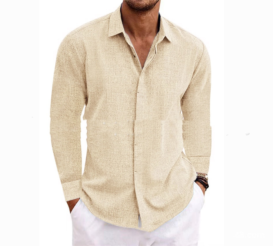 Long Sleeve T-shirt Undershirt Solid Color Long Sleeve Cotton Linen Shirt Men-HighTouch