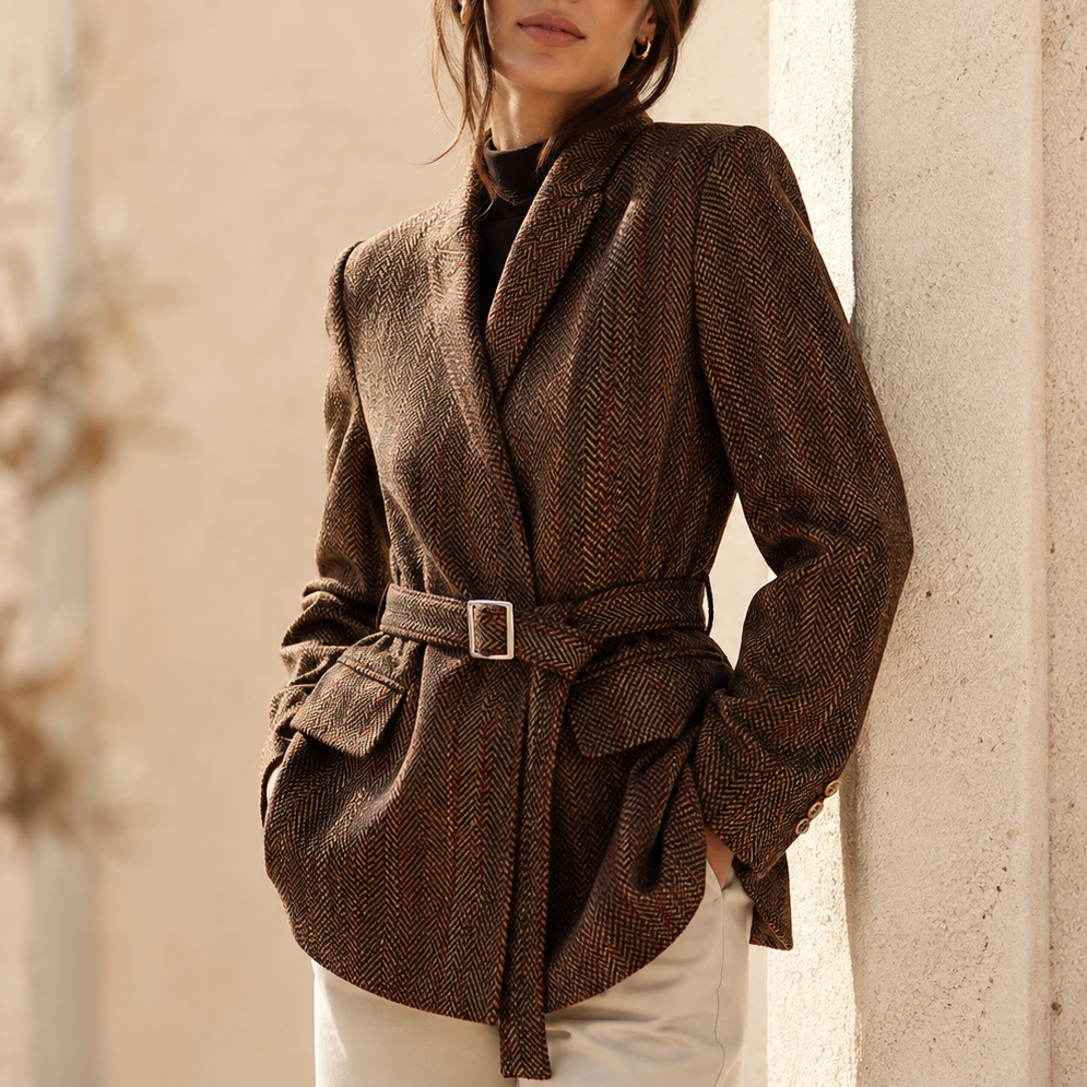 Women's Belted Jacket | Wool Blend Herringbone