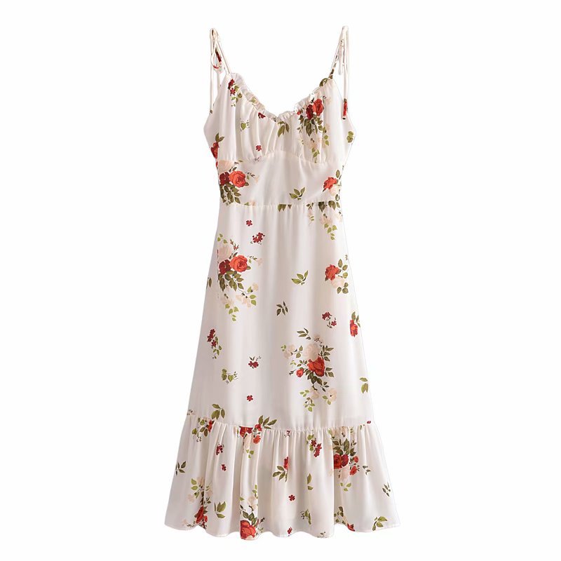 French Retro Printed V-neck Waist Trimming Spaghetti Straps Dress-HighTouch
