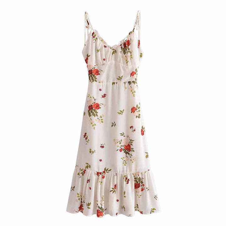 French Retro Printed V-neck Waist Trimming Spaghetti Straps Dress-HighTouch