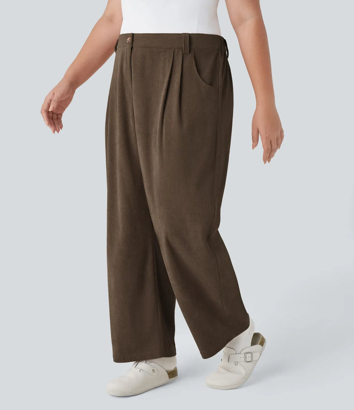 Mid Rise Zipper Pocket Plus Size Corduroy Casual Pants