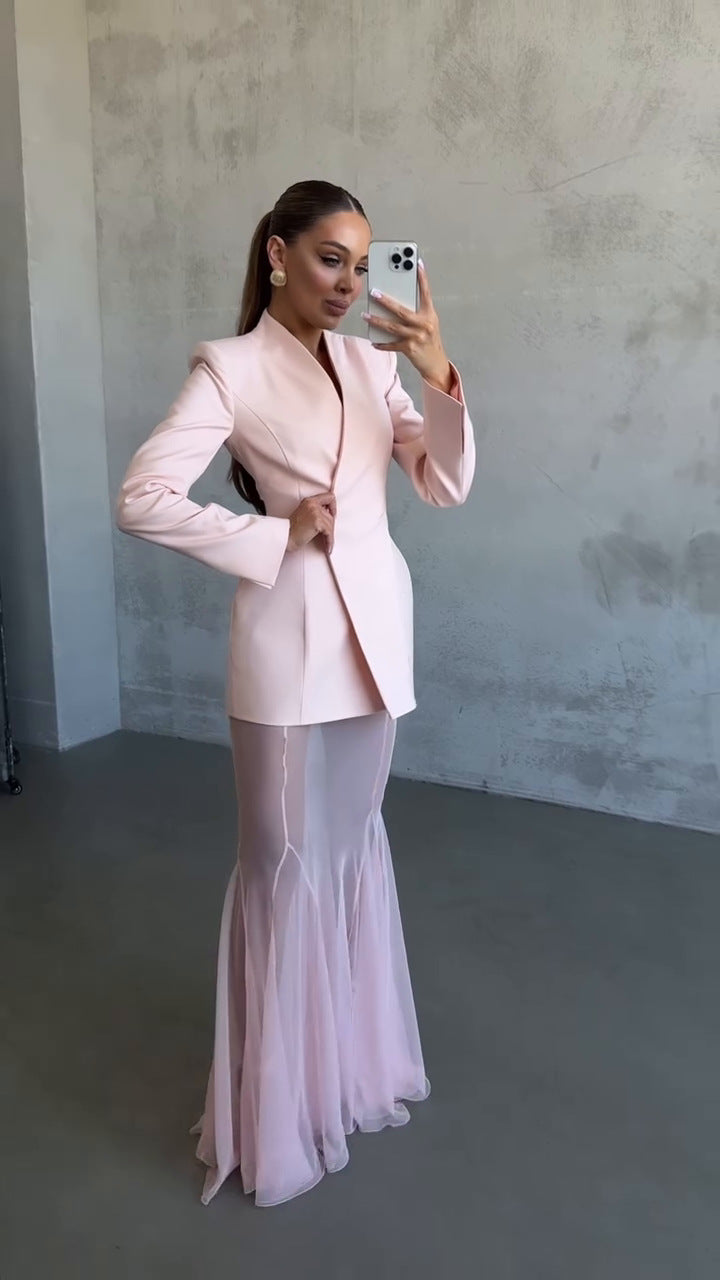 Cross-border Foreign Trade Design Sense Temperament Commute Pure Color Mesh Suit-HighTouch