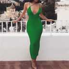 Women's V-Neck Milk Silk Maxi Dress – Elastic Waist Pencil Skirt-HighTouch