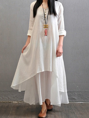 V-Neck Retro Linen-Cotton Dress-HighTouch