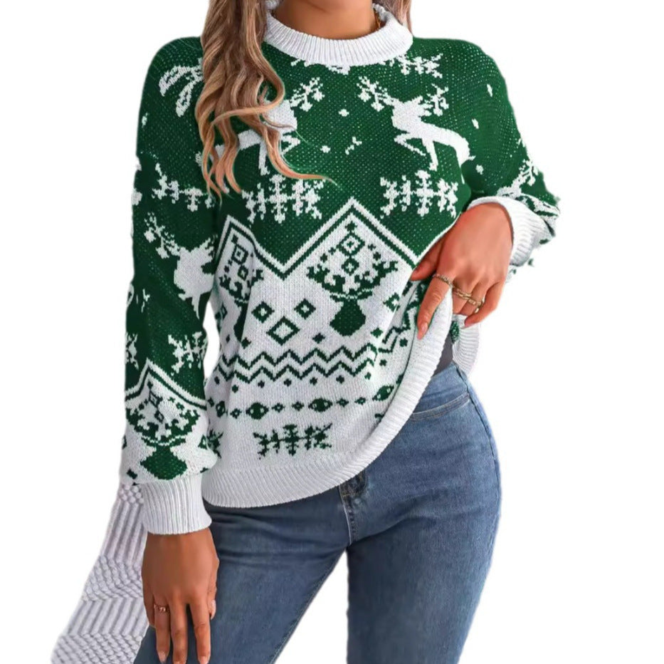 Women's Christmas Deer Print Knit Sweater - Festive Winter Sweater