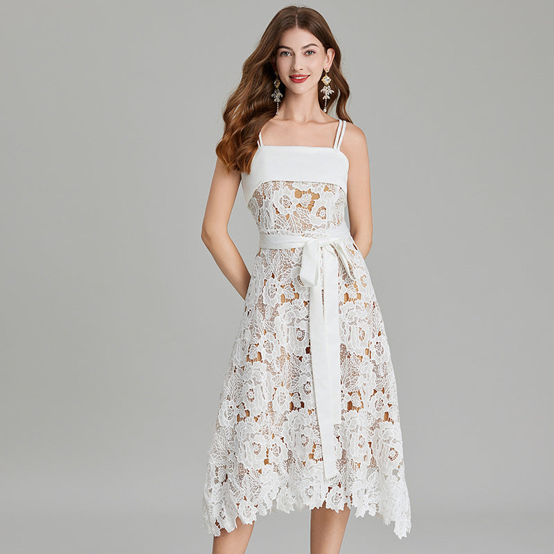 Crocheted Hollow Embroidery Stitching Lace-up Waist-controlled Slimming Dress-HighTouch
