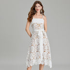 Crocheted Hollow Embroidery Stitching Lace-up Waist-controlled Slimming Dress-HighTouch