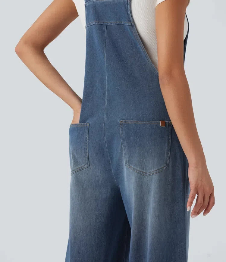 Denim Overalls Women Square Neck Washed Wide Leg Jumpsuit