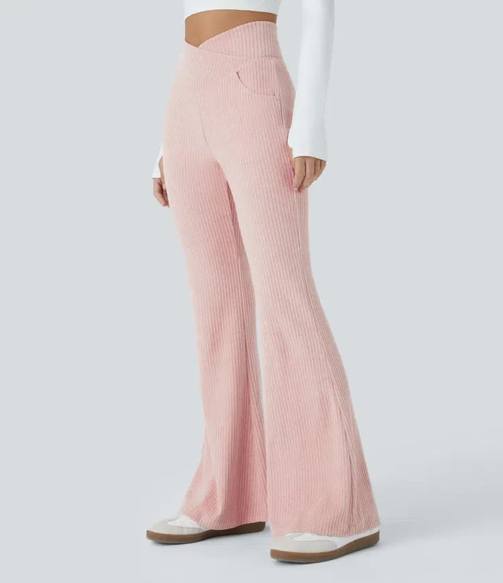 Ribbed Knit Crossover High Waisted Pocket Casual Flare Pants