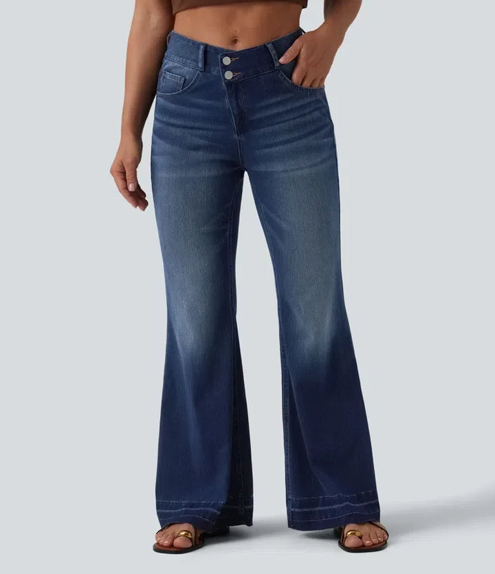 Halara Flex Asymmetric Mid Rise Casual Flare Jeans with Pockets