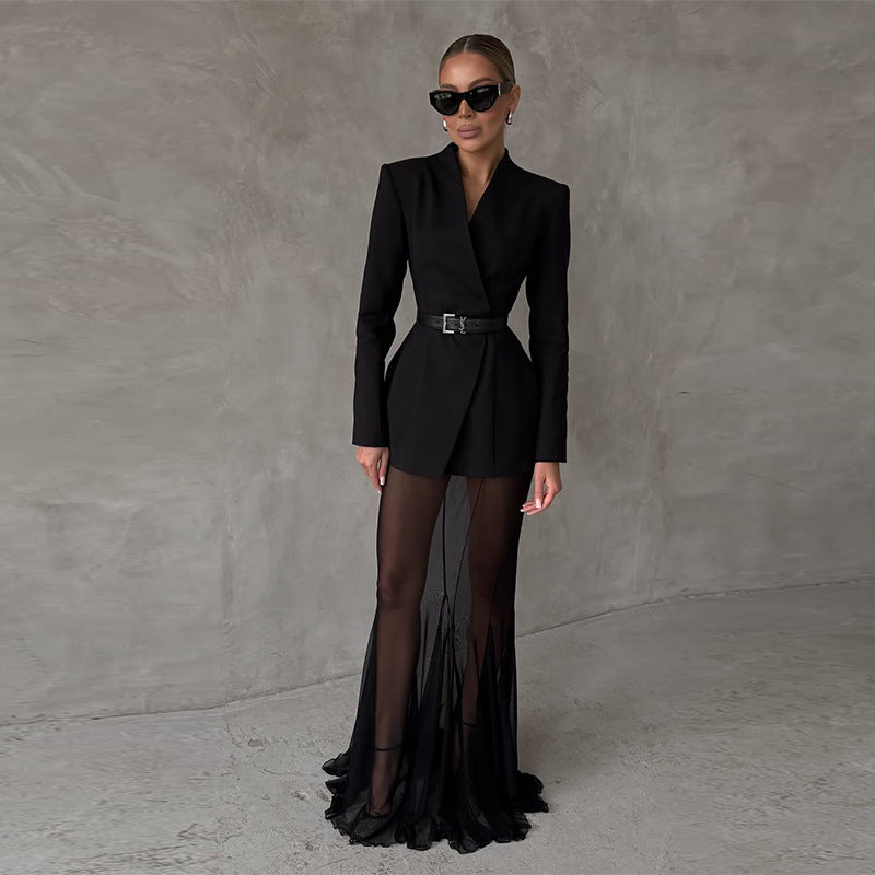 Cross-border Foreign Trade Design Sense Temperament Commute Pure Color Mesh Suit-HighTouch