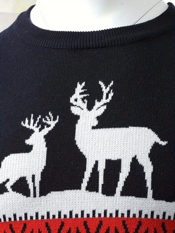 Men's Reindeer and Pine Tree Christmas Crew Neck Sweater
