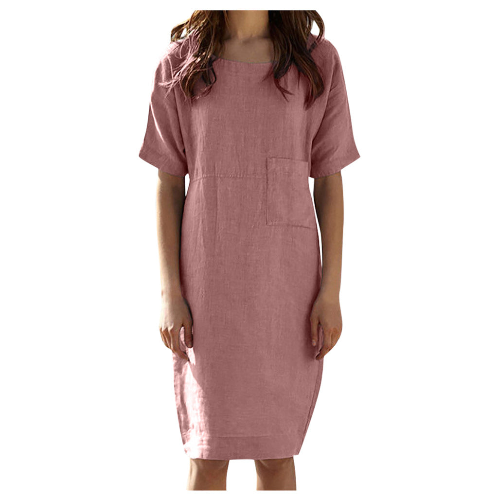 Cotton Linen Street Style Dress | Solid Color Dress-HighTouch