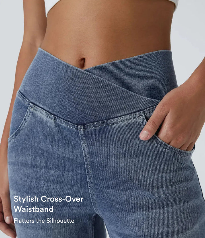 Flare Jeans Women High Waisted Crossover Washed Denim