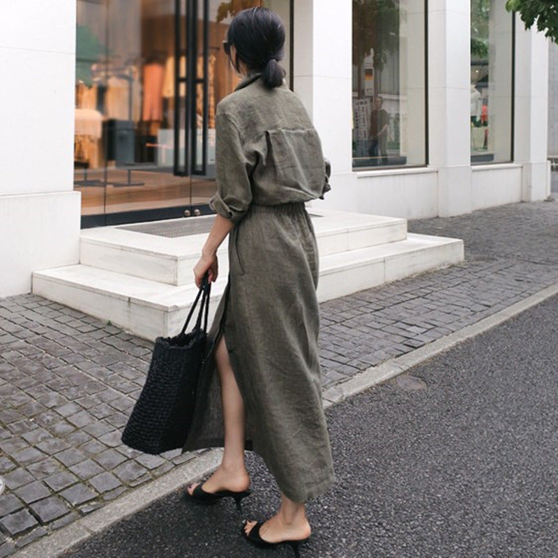 New Style Cotton Shirt Dress Commuting Large Swing Long Skirt-HighTouch