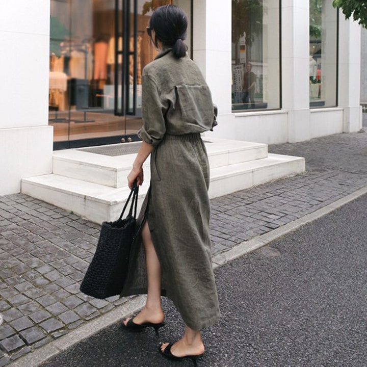 New Style Cotton Shirt Dress Commuting Large Swing Long Skirt-HighTouch