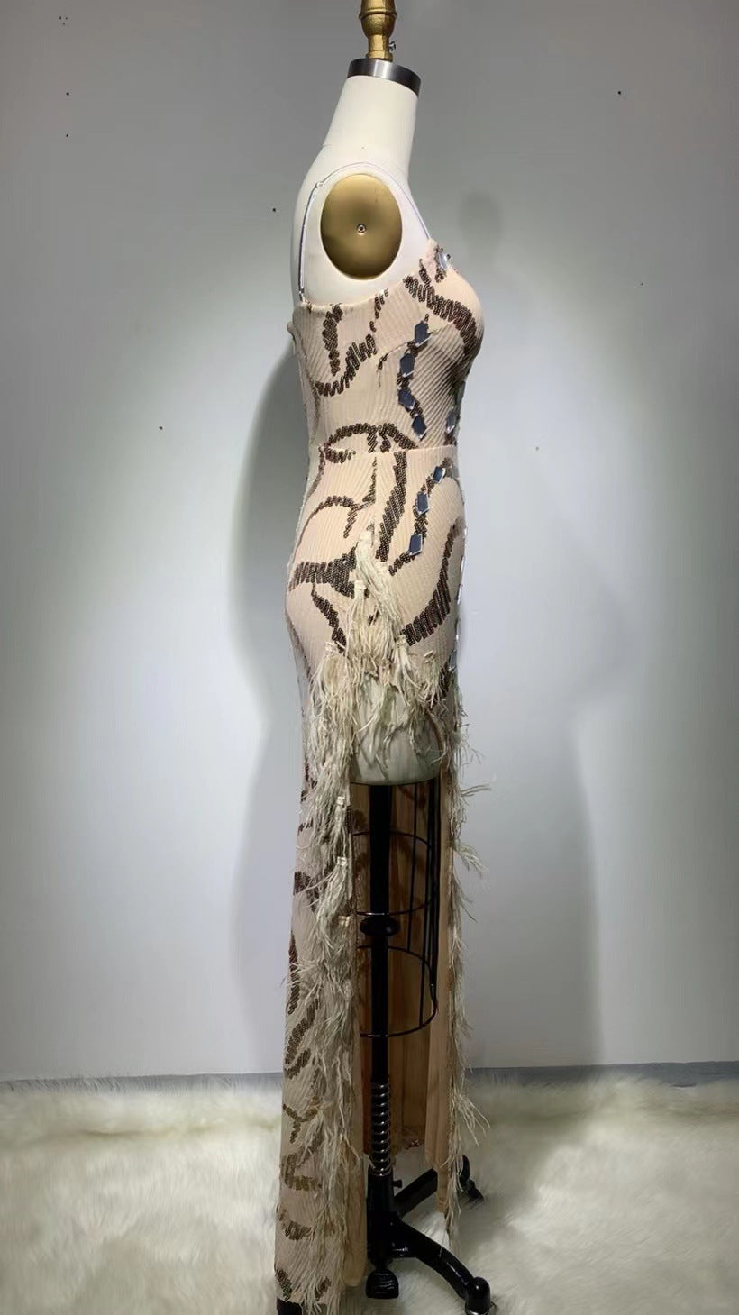 Fashion V-strap Backless Elegant Sequined Tight Split Feather Dress-HighTouch
