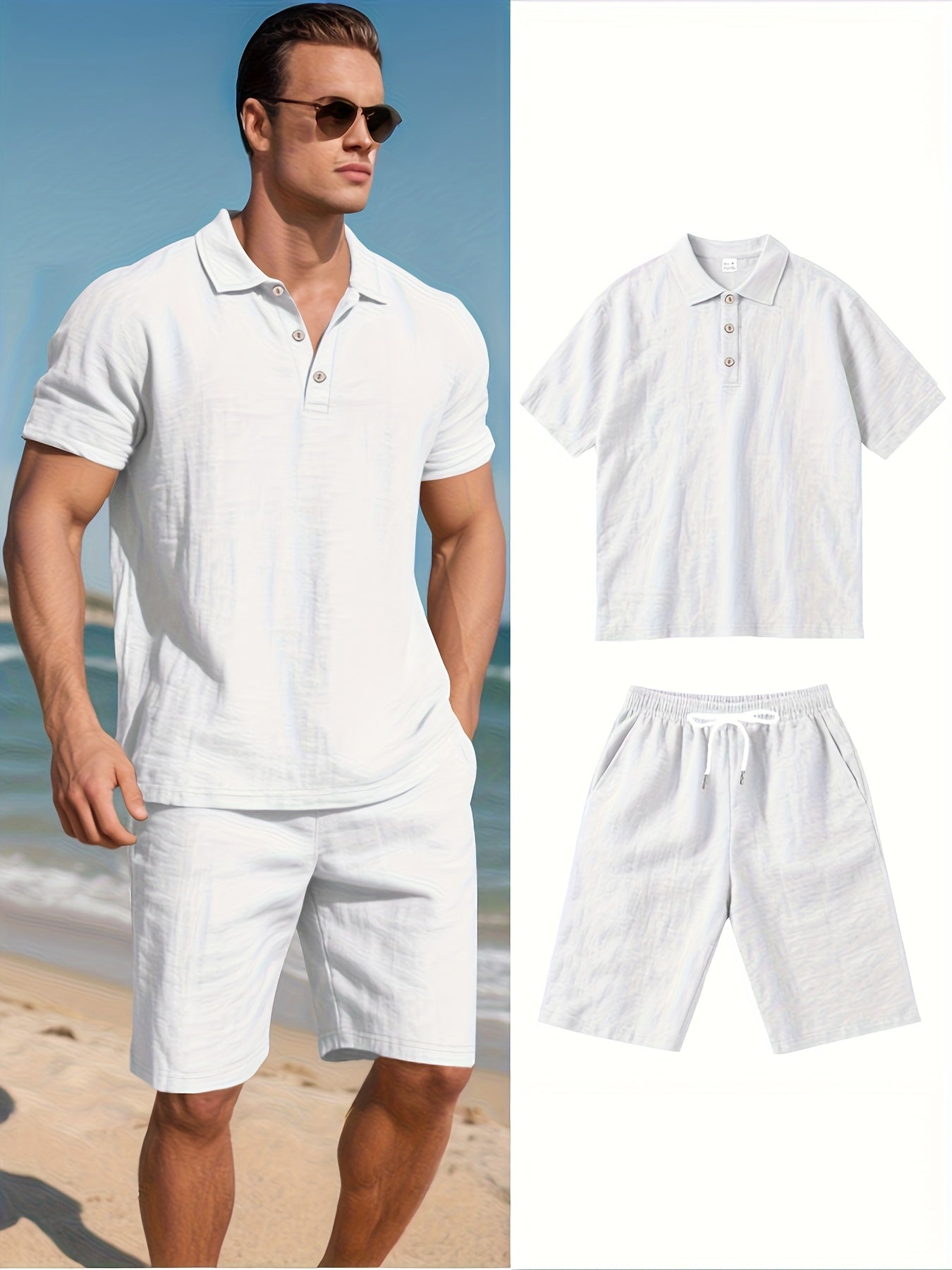 Ross - Men's Linen Premium Polo Shirt And Shorts Summer Set