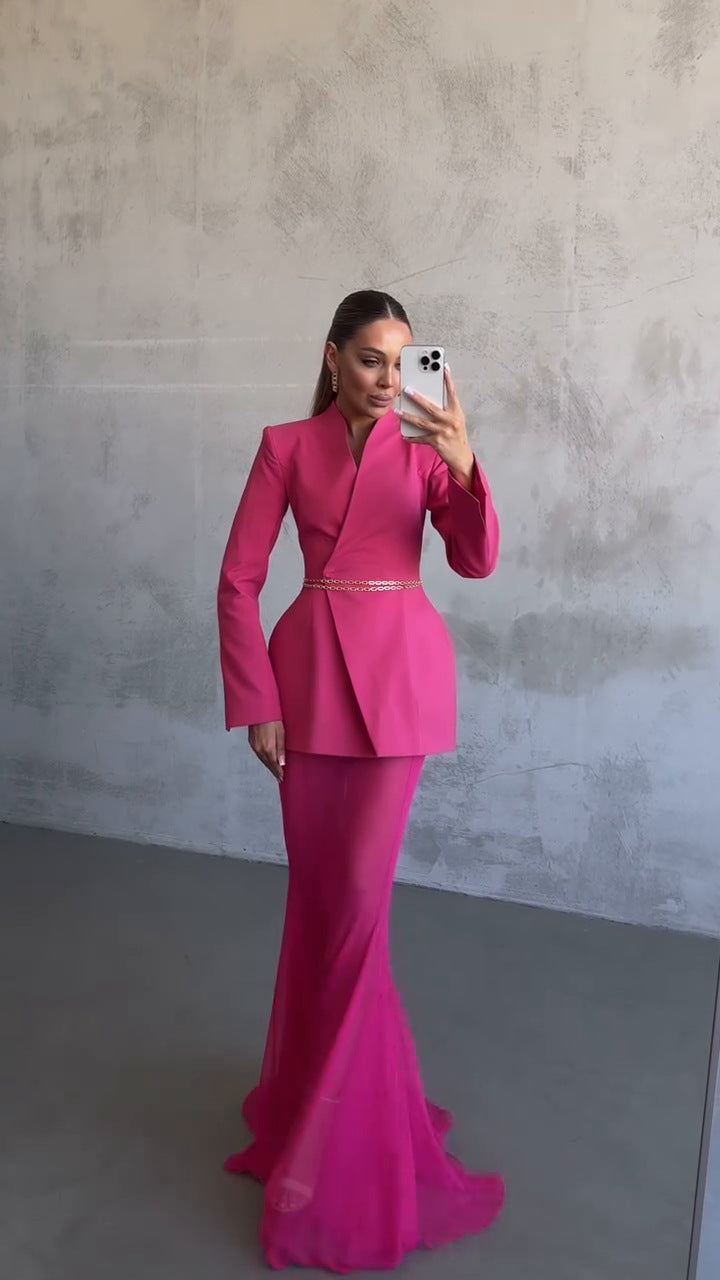 Cross-border Foreign Trade Design Sense Temperament Commute Pure Color Mesh Suit-HighTouch