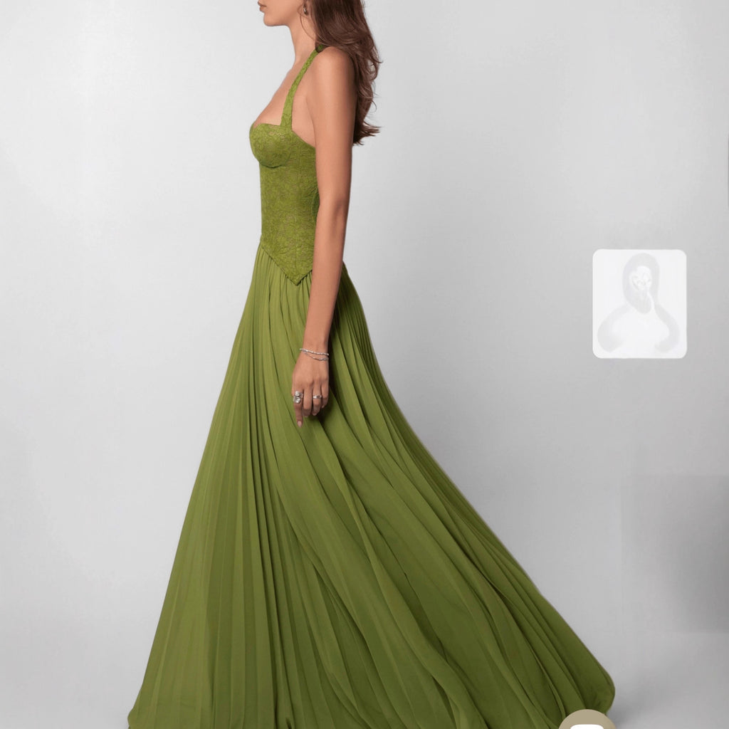 Womens Fashion Backless Halter-neck Low-cut Plunging Pleated Dress-HighTouch